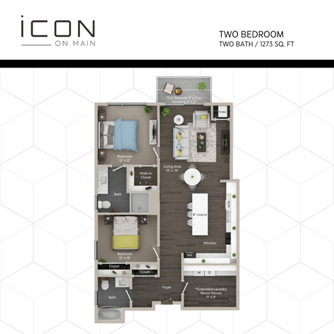 Floor plan for 2 beds, 2 baths, 1273 sqft